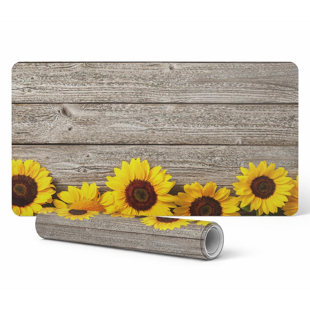 Dekorative Matte mit Muster für den Schreibtisch Sonnenblumen auf Holzhintergrund 100x50 cm