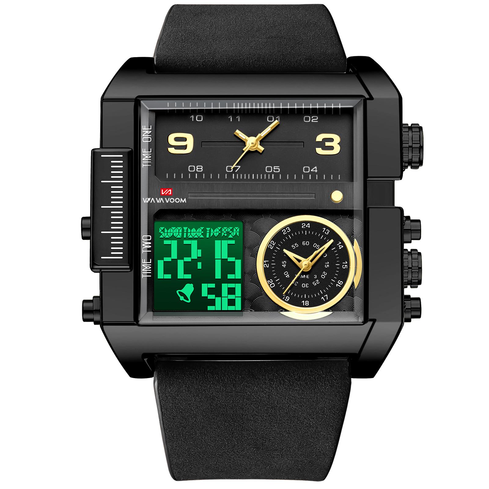 VA VA VOOM Waterproof PU Leather Strap Stop Watch Business Fashion Electronic Watch Men Chronograph Dual Digital Wristwatch VA-2591