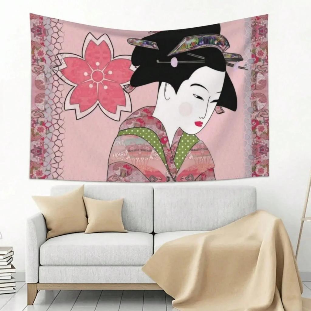 Sakura Geisha Tapestry Custom Printed Wall Decor for Bedroom Outdoor Use Cute Room Accessory for Home Decoration