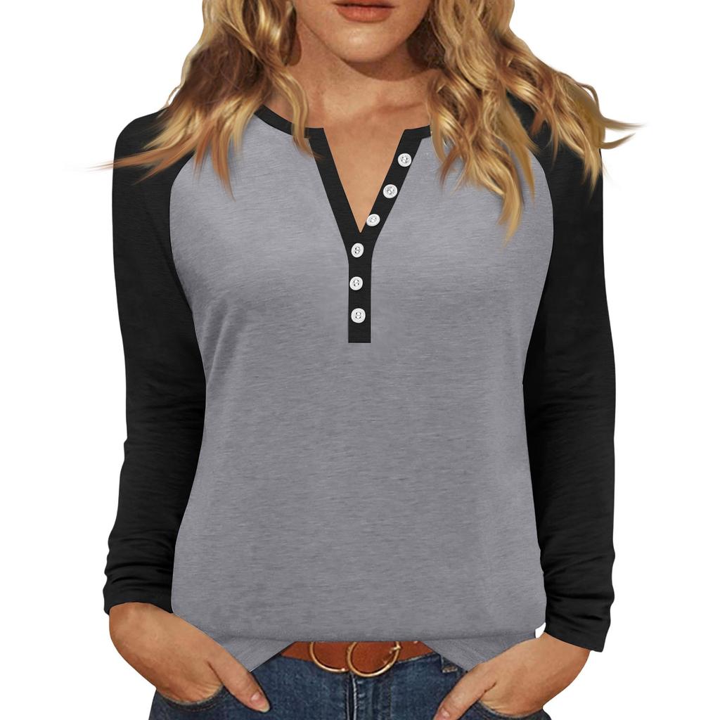 Women's T Shirt Color Block Button Long Sleeve Daily Weekend Fashion Basic V- Neck Regular Top