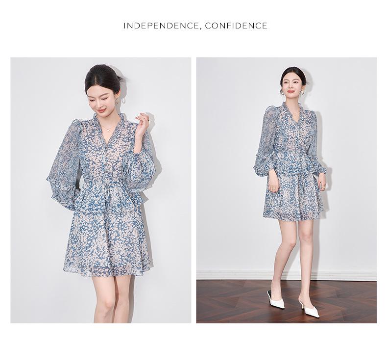 High-Quality French Waist-Slimming Double Crepe Chiffon Dress for Women - Summer Style