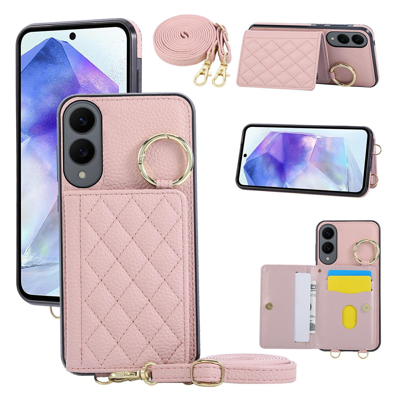 

For Samsung Galaxy S25 Edge Case Kickstand Rhombus Leather+TPU Phone Cover with Shoulder Strap Pink