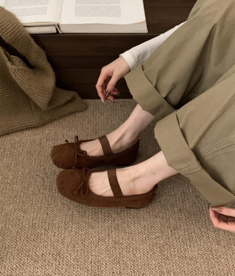 2025 autumn and winter new flat-bottomed bow velvet Mary Jane shoes women's warm ballet shoes lamb wool single shoes
