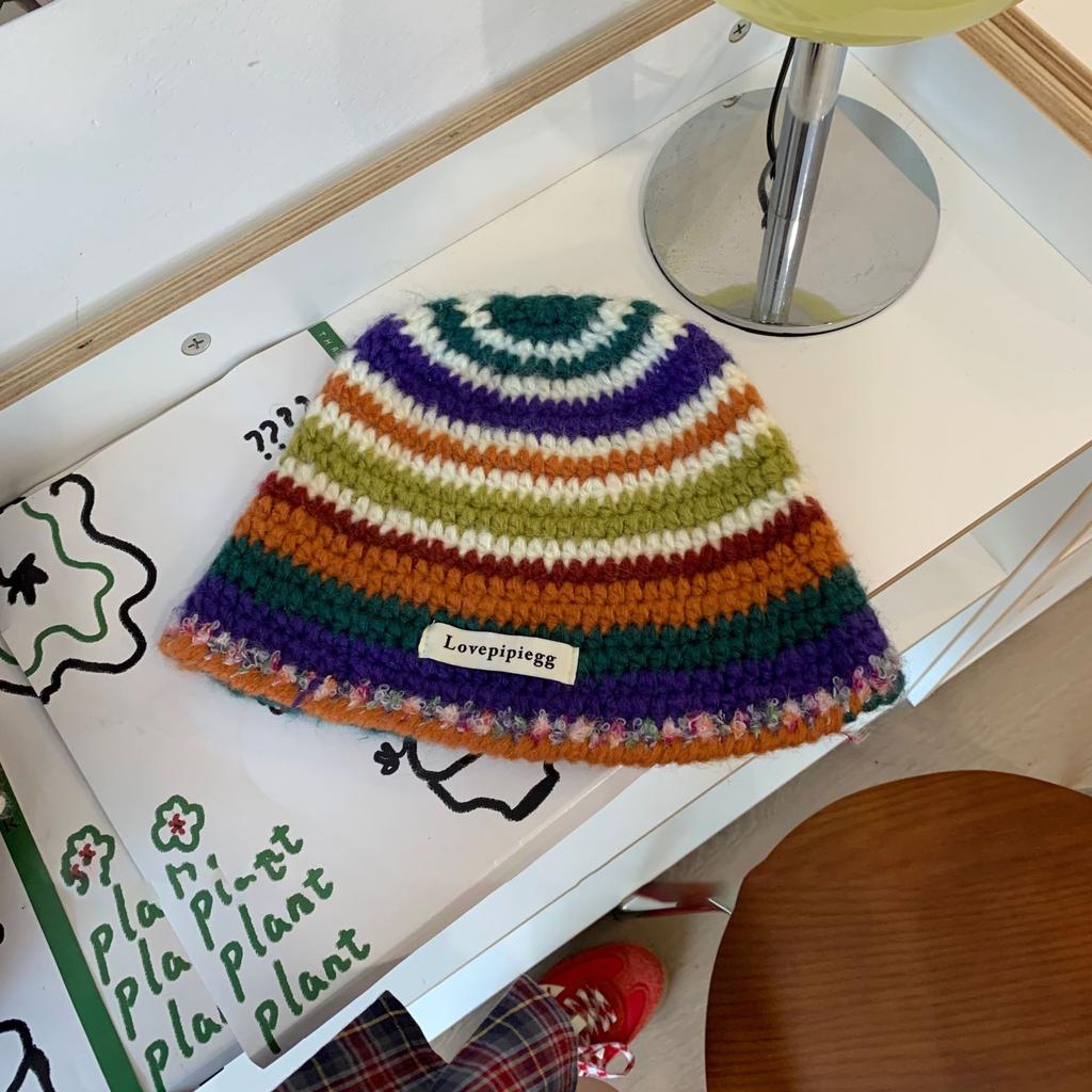 Warm and Cold Hat Versatile Wool Hat Winter Big Head Circumference Women's Face Small Colorful Striped Fisherman Hat Small Flower Pile Hat