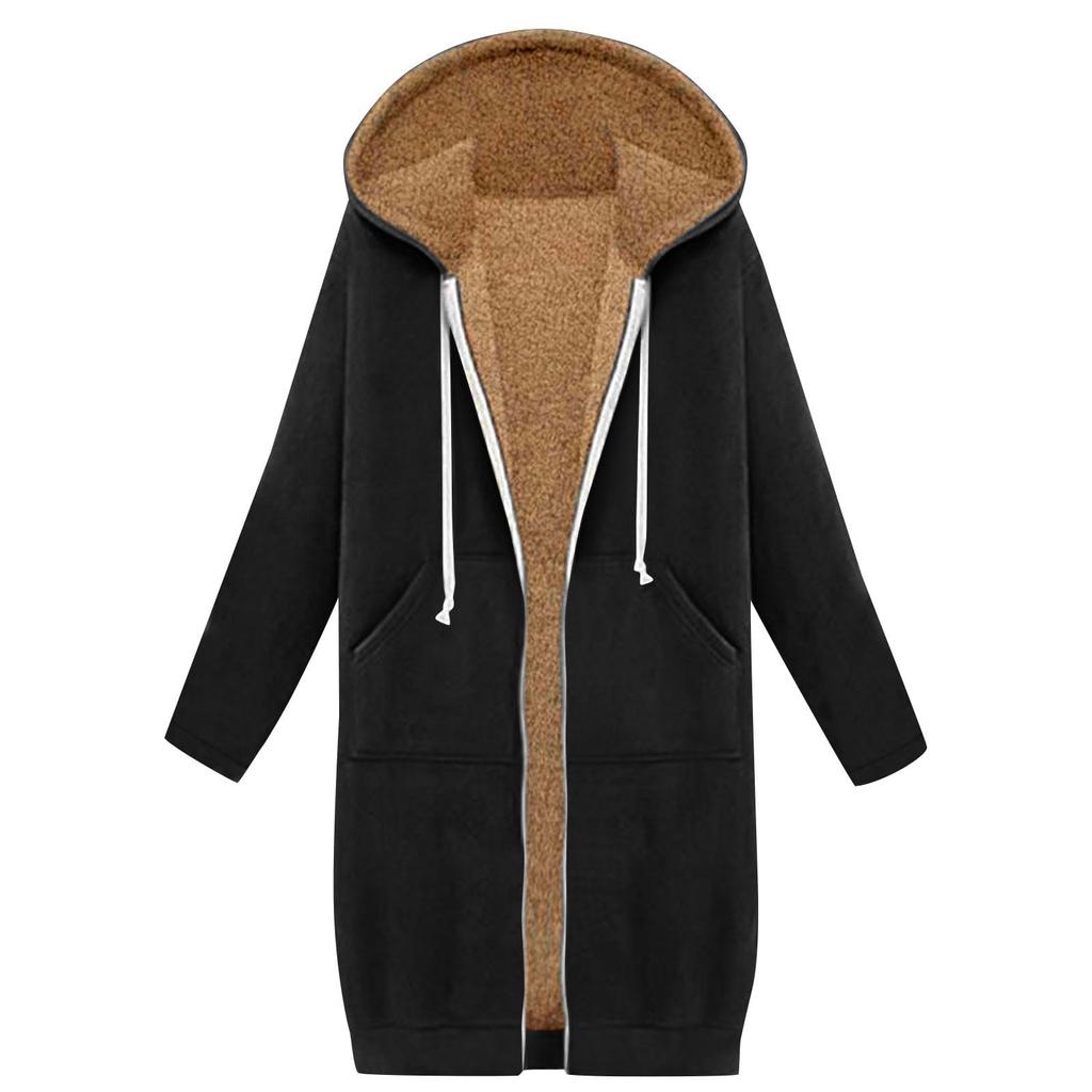 Women's Fashion Casual Solid Color Compound Fleece Sweater Medium Long Casual Hoodie Coat