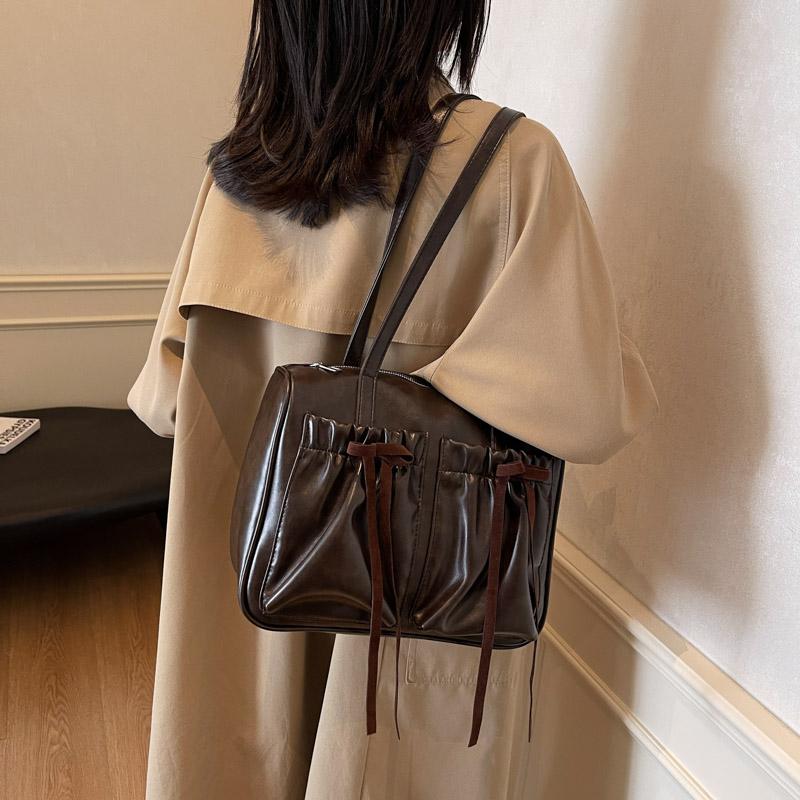 Commuter Vintage Underarm Bag Women's Bow Double Pocket Tote Bag Large Capacity Shoulder Bag