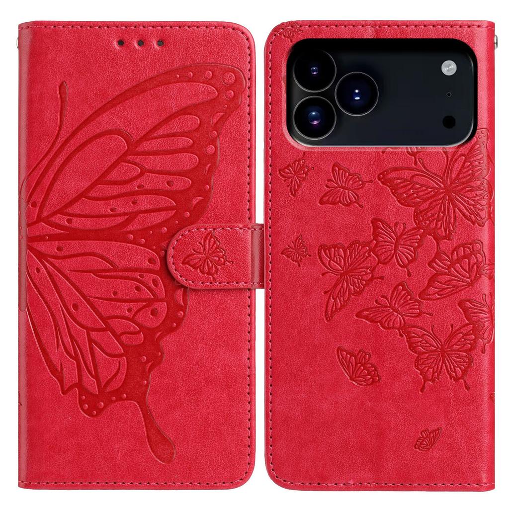 For iPhone 17 Pro Case Butterfly Imprinted Wallet Stand PU Leather Flip Phone Cover with Strap