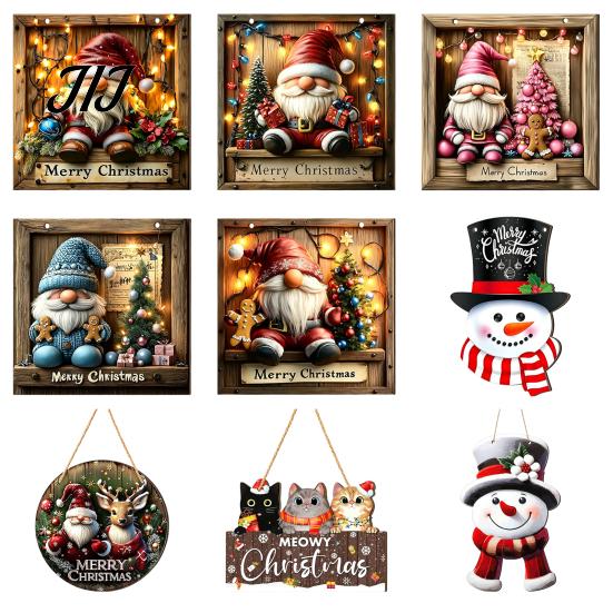 Holiday Decorations for Home Wooden Christmas Hanging Pendant, Snowman/Santa Claus/Gnome Ornament with Festive Door Plaques Hemp Rope Indoor