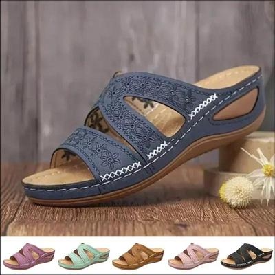 Sommer Damen Keilsandalen Premium Orthopädische Sandalen mit offener Spitze Vintage Anti-Rutsch Leder Casual Damen Plateau Retro Hausschuhe