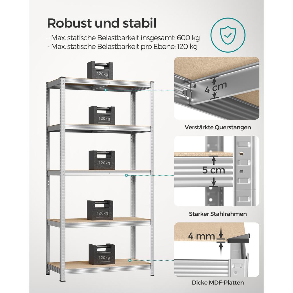 SONGMICS 5-Tier Shelving Units, Set of 2 Steel Shelving Units for Storage, Tool-Free Assembly, for Garage, Shed, Load Capacity 600 kg