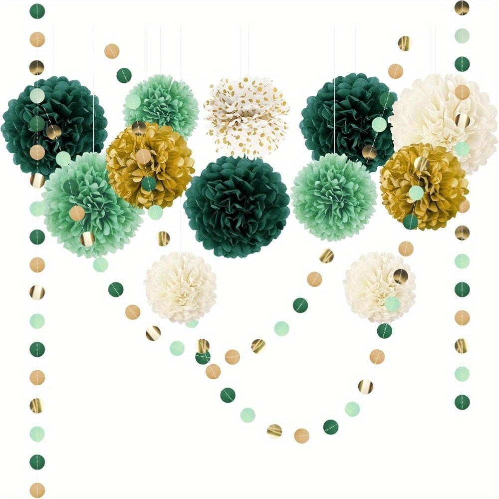15pcs Green Tissue Paper Pom Poms Green Wedding Party Decorations Dots Paper Garland for Neutral St. Patrick's Day Party Birthday Rustic Wedding Decor