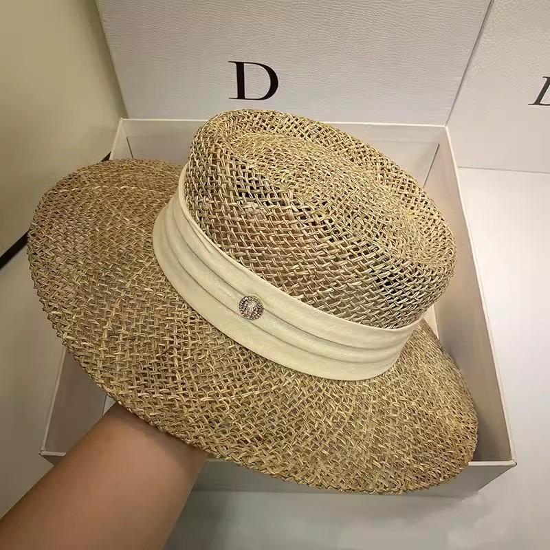 Boater Straw Hat wide brim French elegant square ribbon women's sun hat holiday straw hat