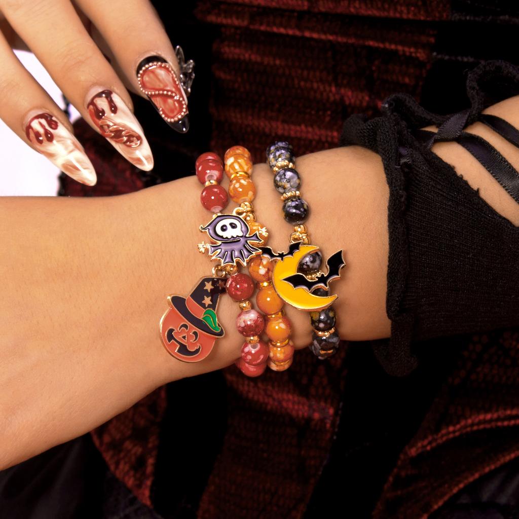 Gothic Halloween Pumpkin Crystal Beads Bracelet for Women Cartoon Cat Bat Ghost Elastic Chain Festival Party Wrist Jewelry Gift