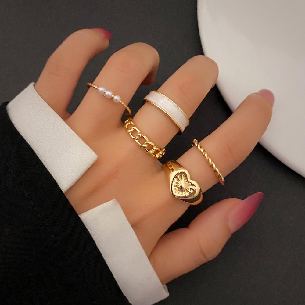 Retro Love Student Lovely White Charm Open Cut Jewelry Ring Set