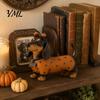Small Ornament for Fireplace Fall Harvest Dachshund Figurine, Halloween Statue with Pumpkin Headband Polka Seasonal Window Display Accents Dot Outfit,