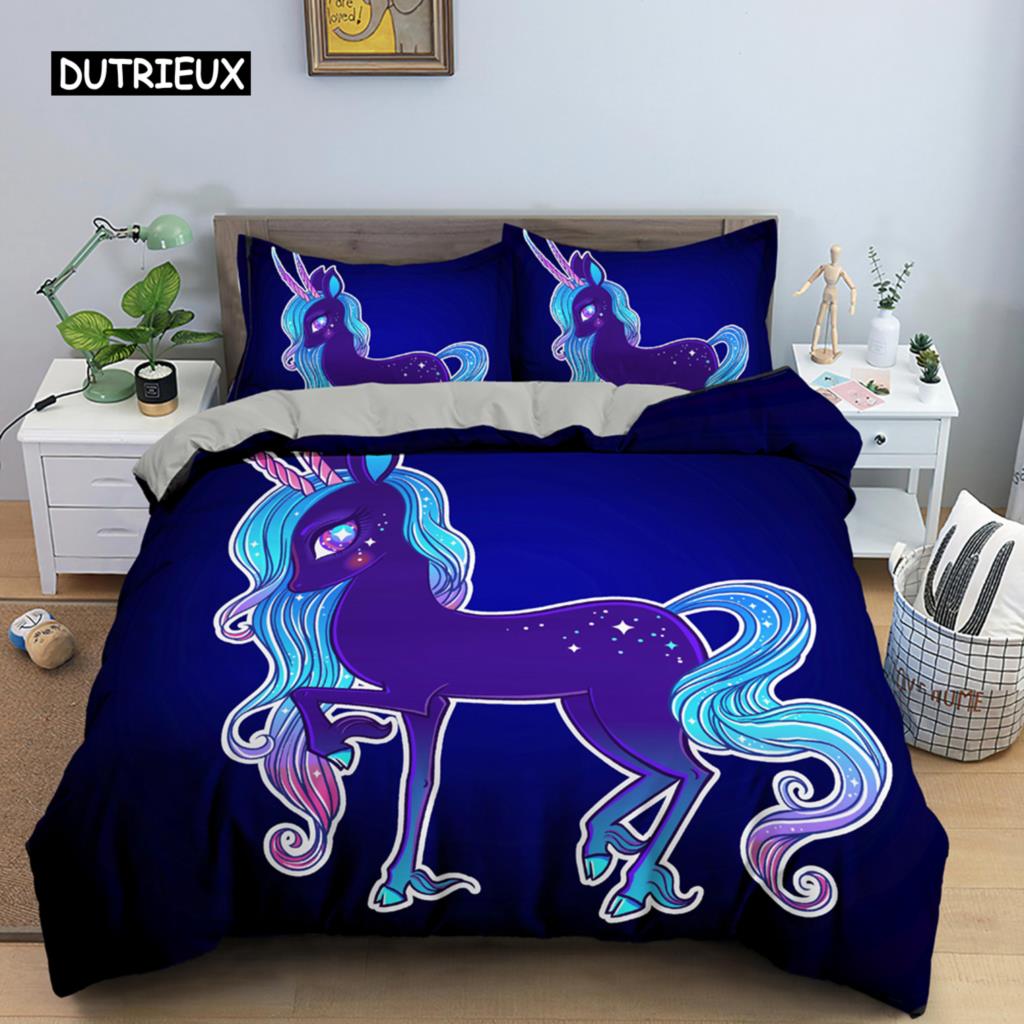 Unicorn Duvet Cover King Queen Cartoon Animal Bedding Set Kids Teens Adults Lovely White Magical Creatures Polyester Quilt Cover