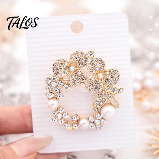 Retro Jewelry Pin Vintage Rhinestone Wreath Brooch, Flower Garland Lapel with Faux Casual Wear Brooch Pearls, Women Clothing Accessory for Dress Coats