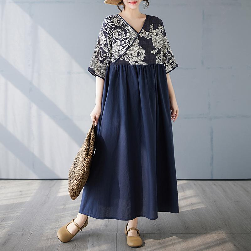 DIMANAF 2025 Summer Women Plus Size Long Dress V-Neck Floral Basic Casual Loose Vintage Pleated Dress Maxi