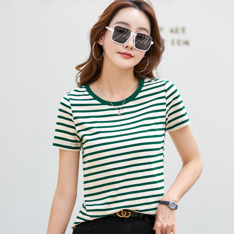 366 Sommer Gestreiftes Retro Lockeres Color Block T-Shirt - Koreanischer Stil Rundhals Kurzarm