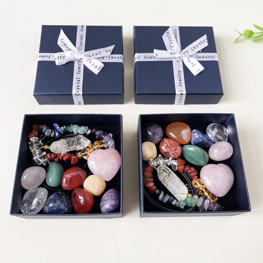 Natural Crystal Rainbow Stone Set - Pink Crystal Heart Hexagonal Pillar Pendant with Multi-color Combinations Gift Box