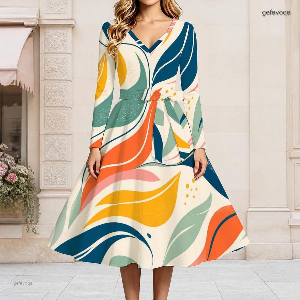 Women Plus Size V Neck Long Sleeve Abstract Printed Belted A Line Flared Midi Dress