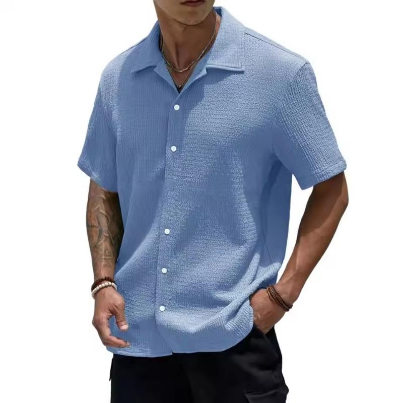 Men Business Shirt Men Solid Color Shirt Men's Summer Button-down Cardigan with Turn-down Collar Short Sleeves Loose