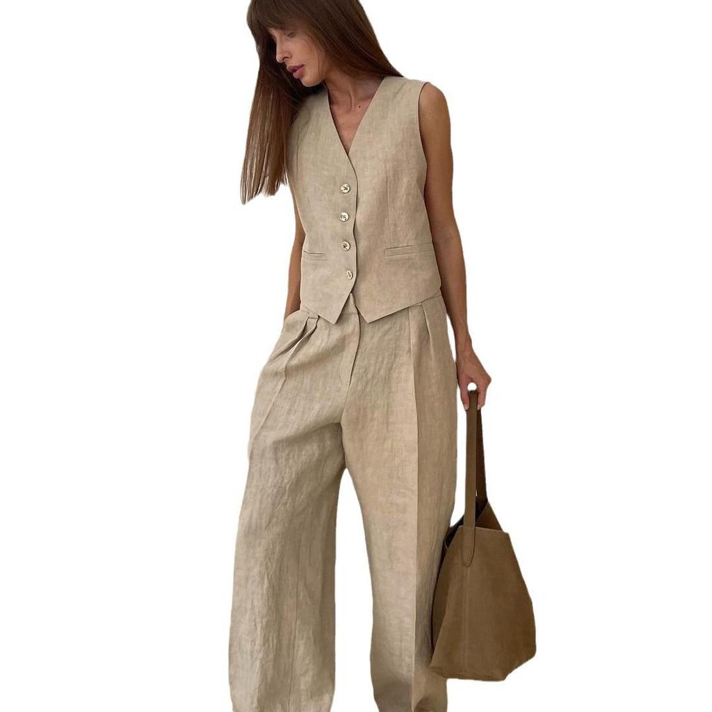 2024 European & American Women's Fashion Sleeveless Vest & Low-Waist Casual Pants Set for Spring/Summer