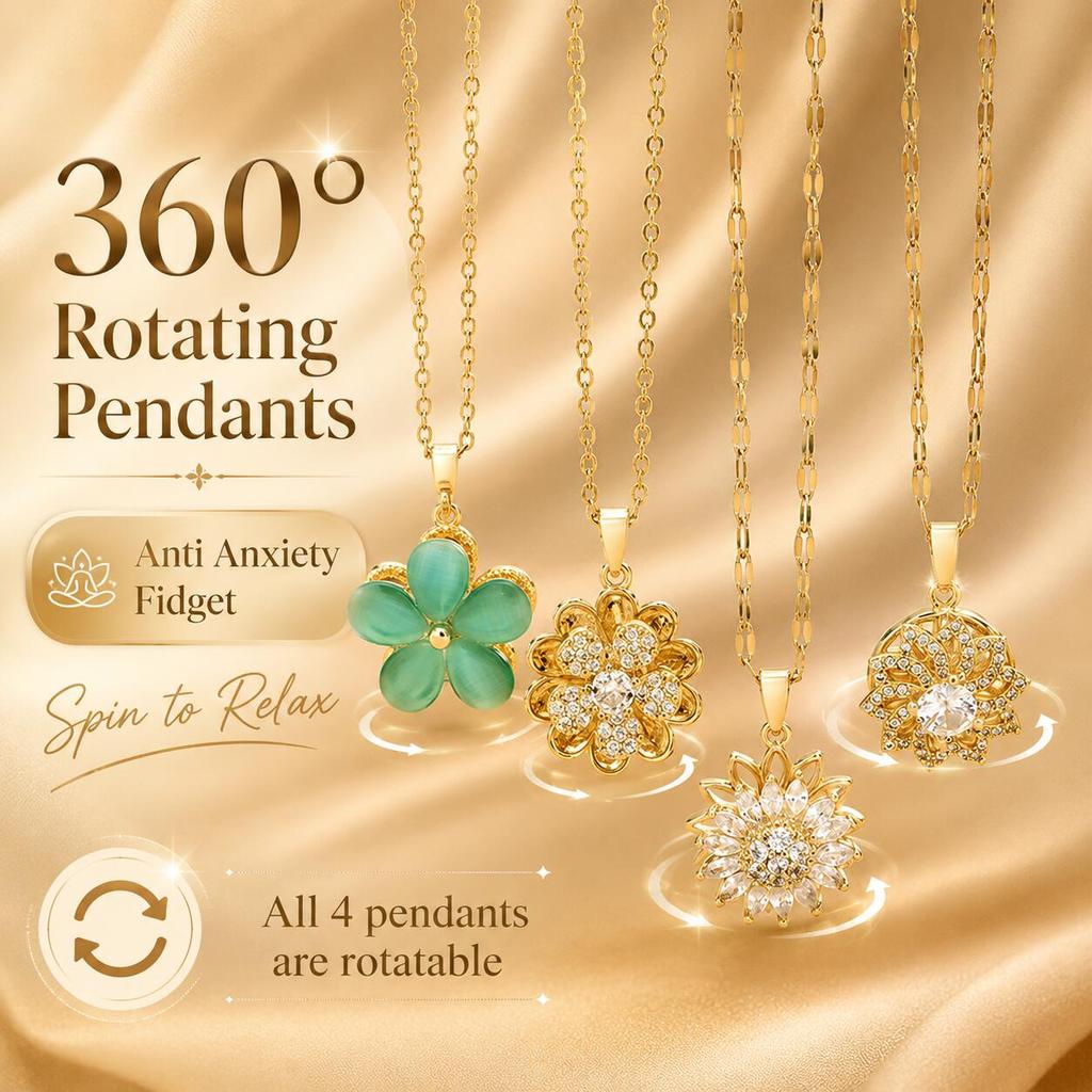 Spinnable CZ Sunflower Pendant Necklace for Women, Gold Plated Stainless Steel Lip Chain, Anti Anxiety Fidget Jewelry