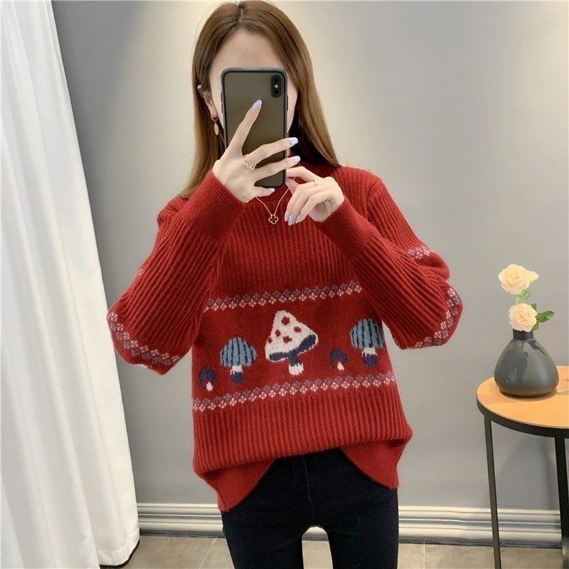 Sweater for Women's Autumn and Winter New Style Plus Velvet Thickened Half Turtle Neck Knitted Base Short Loose Jacquard Top