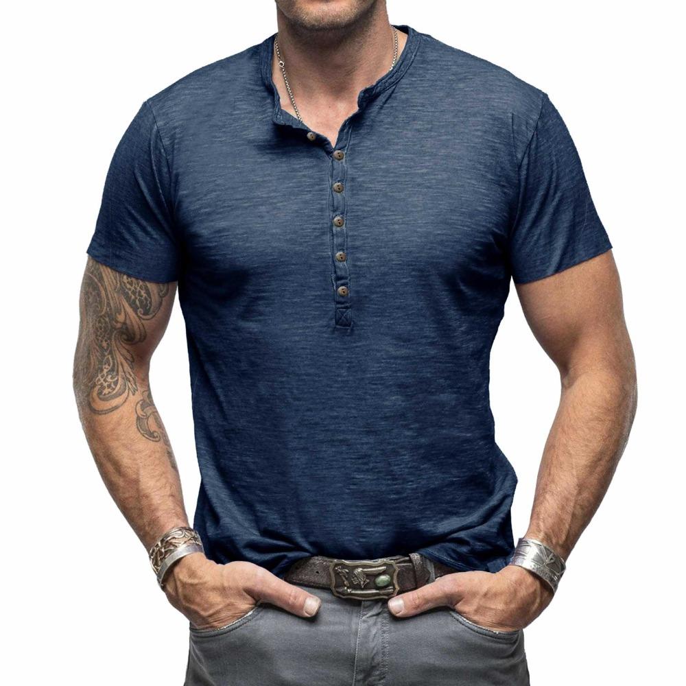 Summer Men’s Casual Tops: Classic Men’s Henley-style Short-sleeved T-shirt with A Stand-up Collar