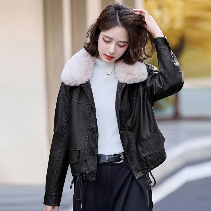 Fur integrated leather jacket women's autumn and winter autumn and winter new velvet leather jacket jacket