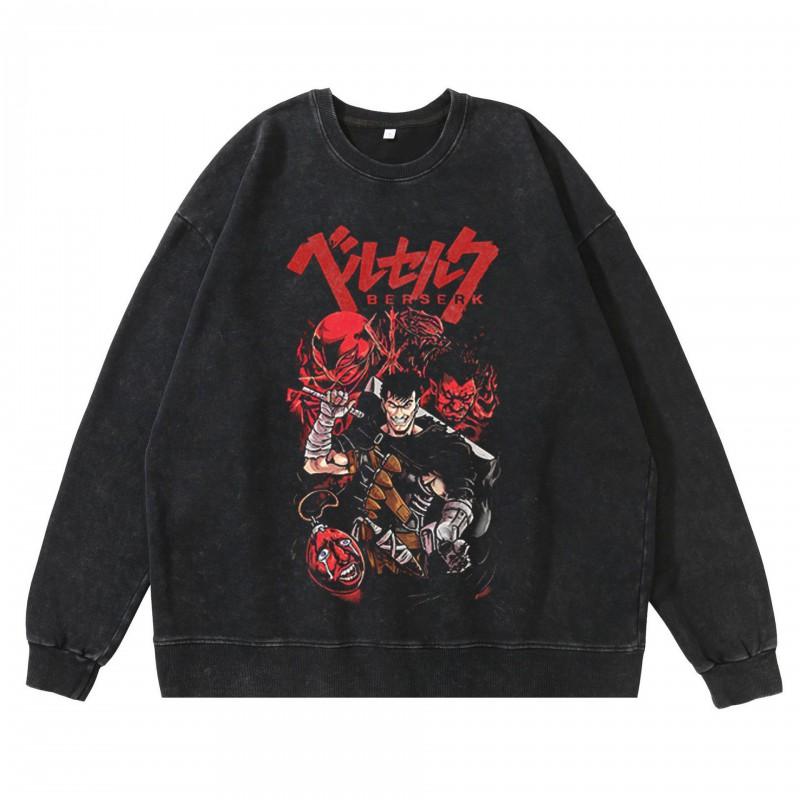 Heavyweight 360g Washed Vintage Berserk Anime Streetwear Cotton Pullover Hoodie-Free Crewneck Sweatshirt Men
