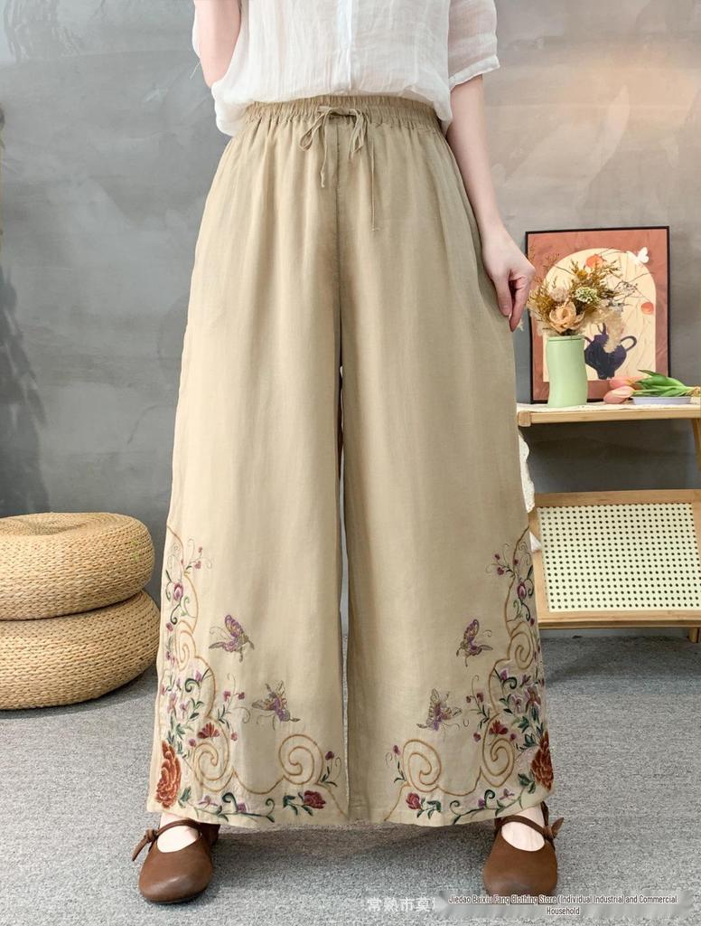 2026 Spring Women's Linen Embroidered Pants - Elastic Waist, Straight Leg, Casual and Versatile.