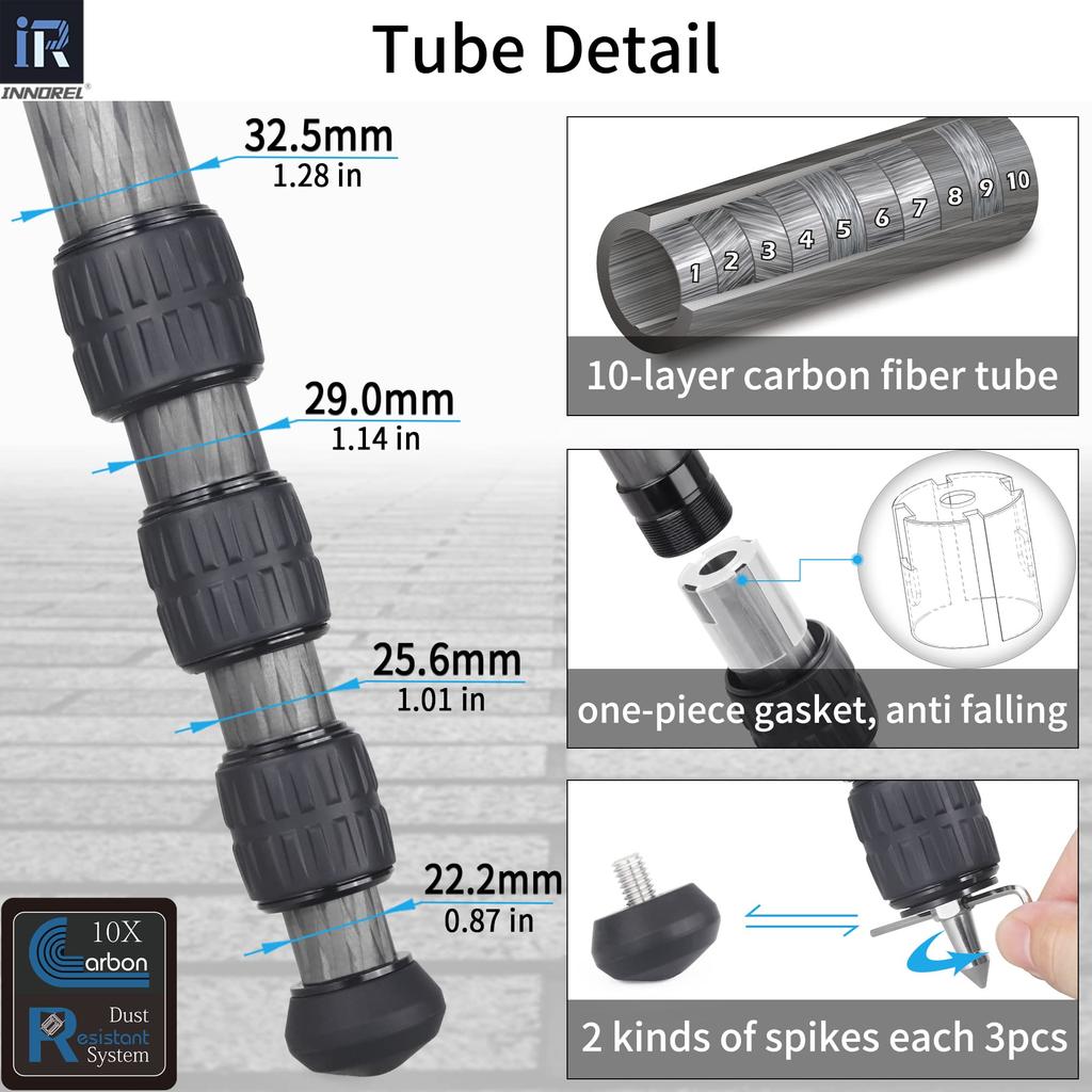 INNOREL RT85C Carbon-Stativ 173 cm Reisestativ Professionelles Mutternverriegelungstyp Aufzugstyp Tragkraft 25 kg Vierstufige Beine Verstellbares Einbeinstativ