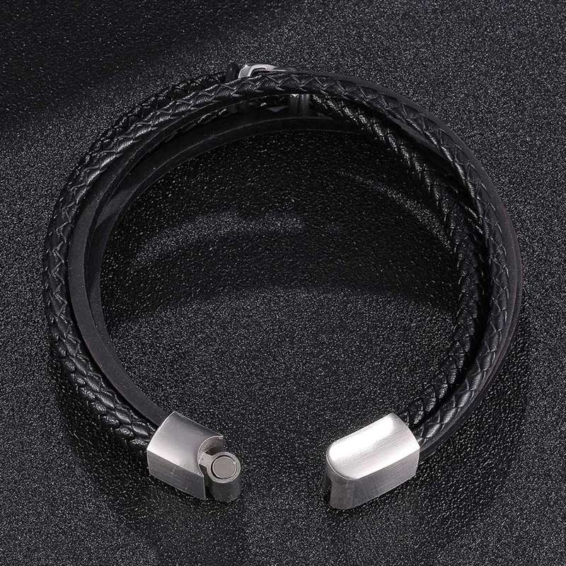 Trendy Style Charm Men Bracelet Layered Leather With Stainless Steel Handmade Bangles Wristband