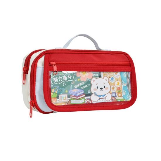 Portable Pencil Case with Handle Large Capacity Stationery Organizer for Students Cute Bear Design Pen Bag for School Office Supplies