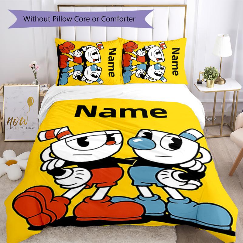 3pcs Custom Name Cuphead Bedding Set Duvet Cover Closure Includes 1 Duvet Cover & 2 Pillowcases for All Seasons Bedroom Decor