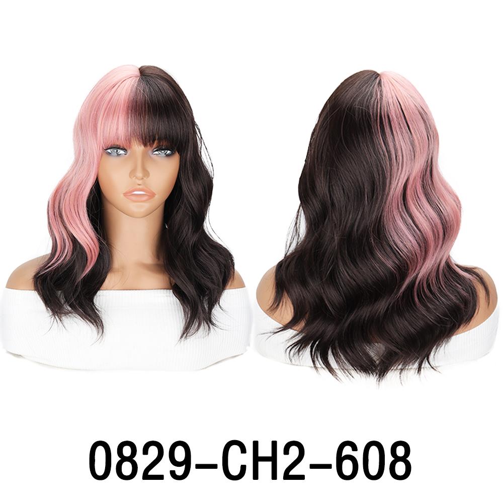 Synthetic Green Mix Black Wig With Bangs Short Wavy Wig Shoulder Length Colored Costume Wig For Women Girls Cosplay