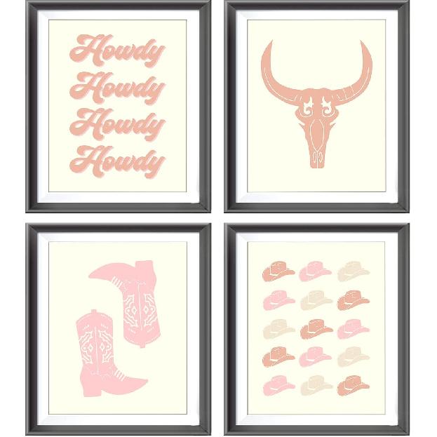 Howdy Retro Western Cowgirl Boots Hats Bull Skull Poster Prints for Home Girls Room Dorm Decor,Neutral Preppy Decorations Prints Wall Art Unframed 8Wx10L
