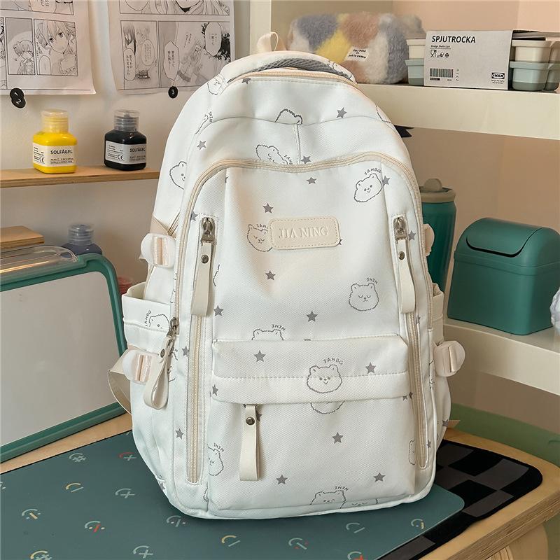 Cute Bear Print Backpack for Girls Teenagers Large Capacity School Bag Lightweight Student Rucksack