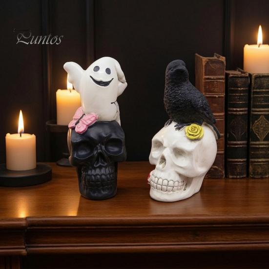 Creepy Party Table Decorations Gothic Halloween Skull Figurine, Spooky Ghost/Raven on Statue, Dark Aesthetic Room Decor Resin Tabletop Ornament