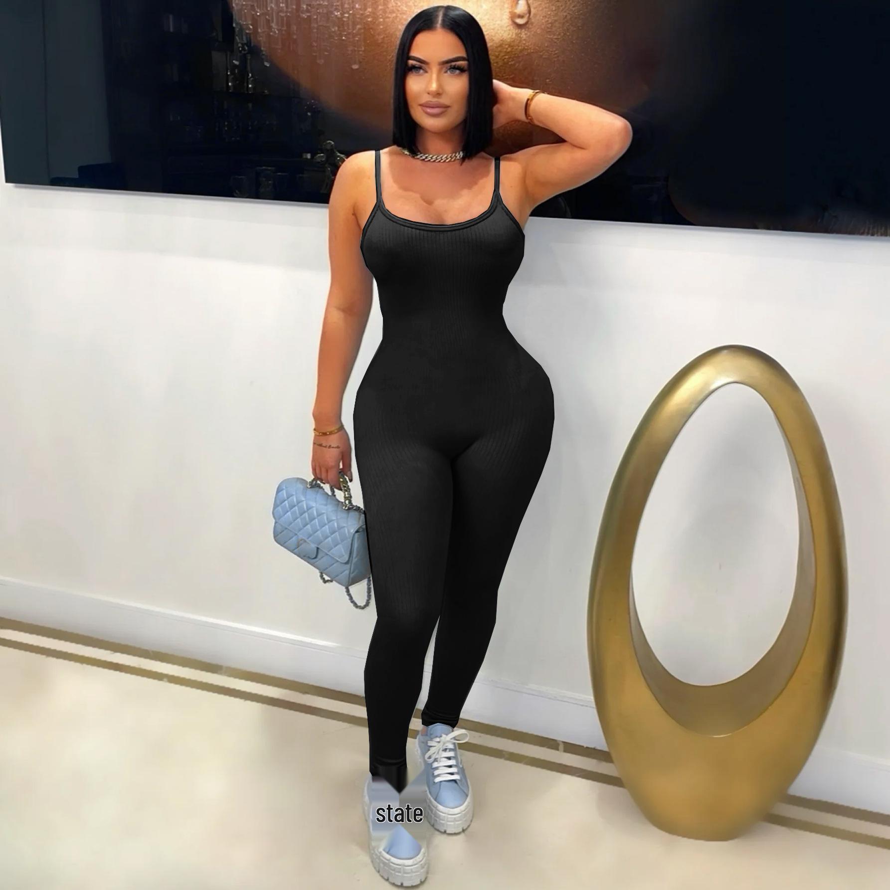 

Европейский женский летний комбинезон в рубчик со шлейками и открытой спиной, подчеркивающий бедра Large чёрный