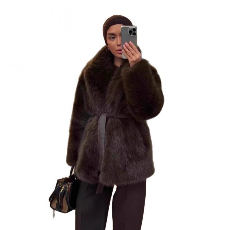 Womens Faux Fur Coat Winter Thick Warm Fox Trim Belted Streetwear Mid-Length Jacket Coffee Beige