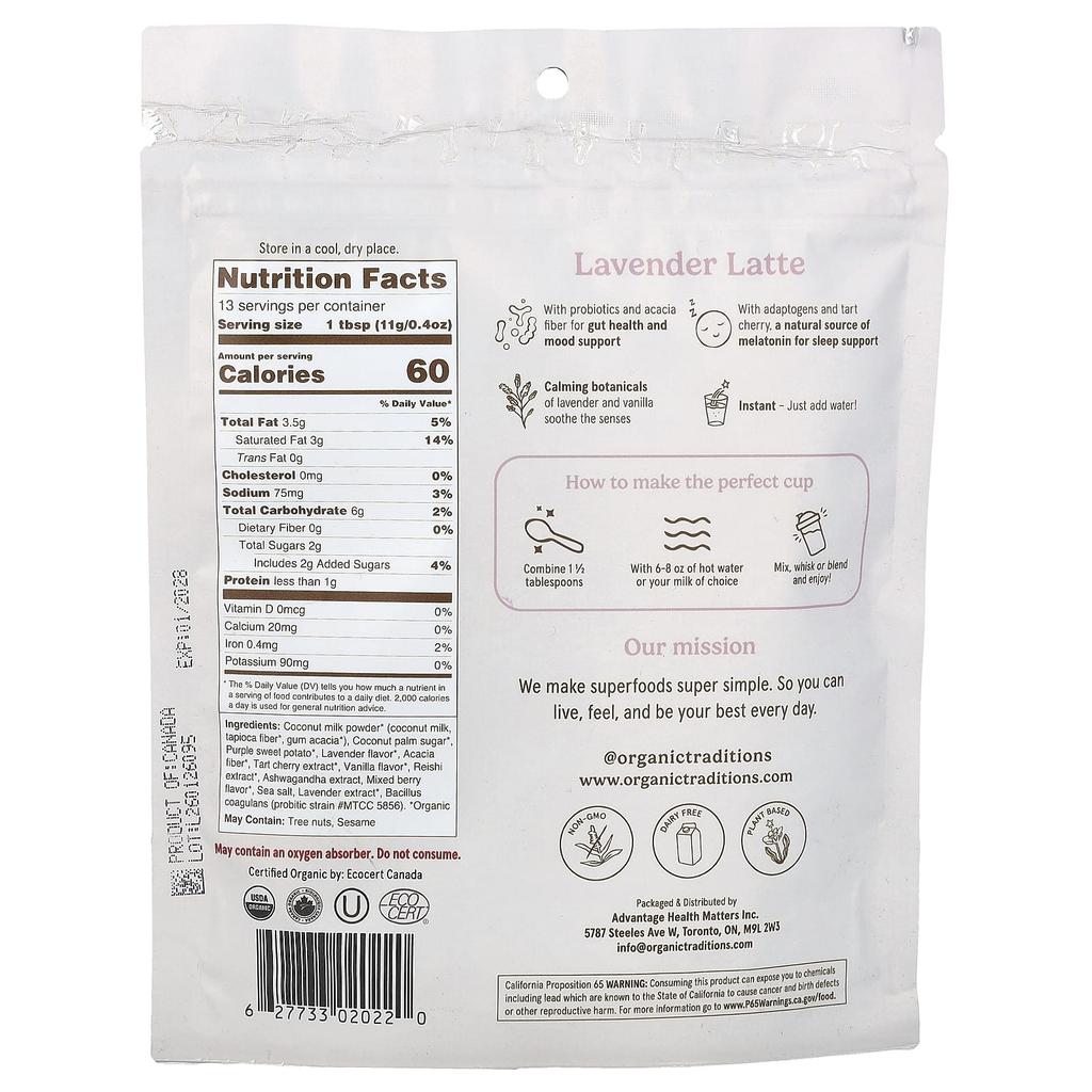 Organic Traditions, Superfood, Lavender Latte, 150g (5.3oz)