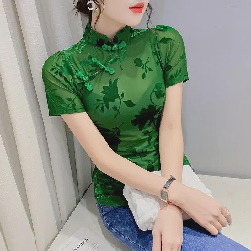 2022 Summer Retro Chinese Frog Button Mesh Blouse