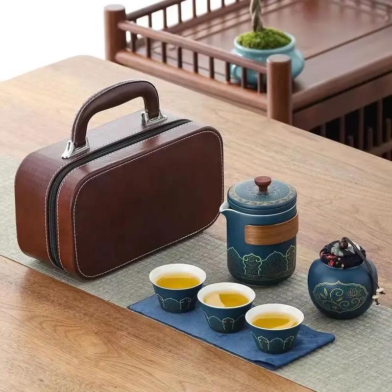 Portable Travel Tea Set Small Set Outdoor Ceramic One Pot Three Cups Portable Cover Bowl with Tea Infuser Tumbler