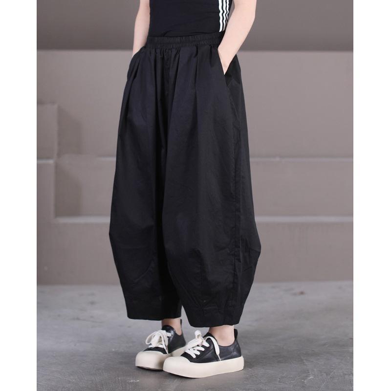 Spring and Summer 2025 New Korean Version Loose Large Size Literary Leggings Solid Color Elastic Waist Double Pocket Bloomers Women