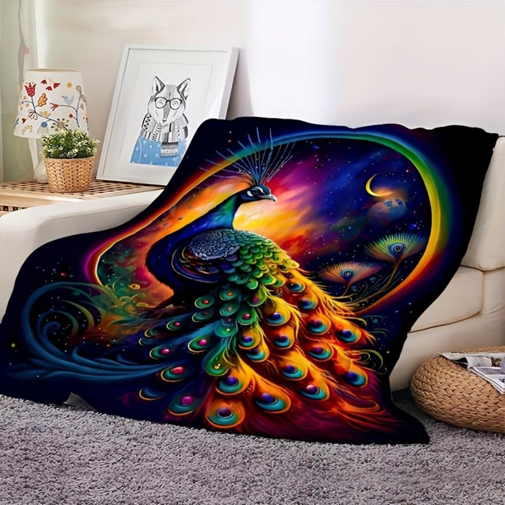 Dark Style Flannel Blanket Colorful Peacock Printed for Kids Bedroom Decoration Warm Soft Comfertable Blanket for Sofa Chair