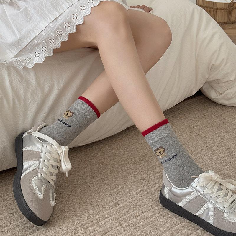 Female Spring and Autumn Color Striped Cute Cartoon Puppy College Wind Tube Pile Socks