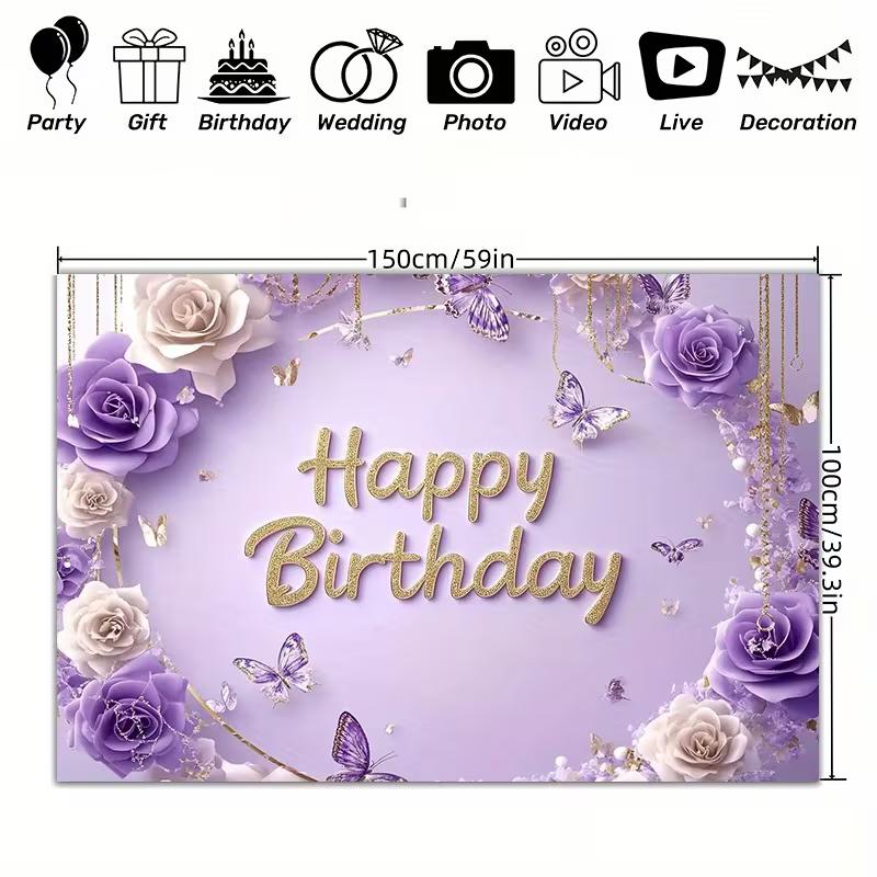 2D Lavender Floral Butterfly Happy Birthday Backdrop Purple Gold Party Photo Background